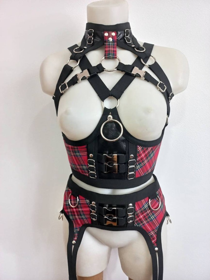 tartan two piece set red plaid under bust harness and garter belt elastic harness set punk rock fashion piece Image # 175270