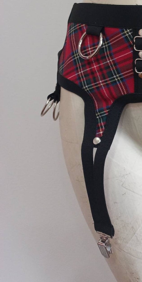 tartan two piece set red plaid under bust harness and garter belt elastic harness set punk rock fashion piece Image # 175274