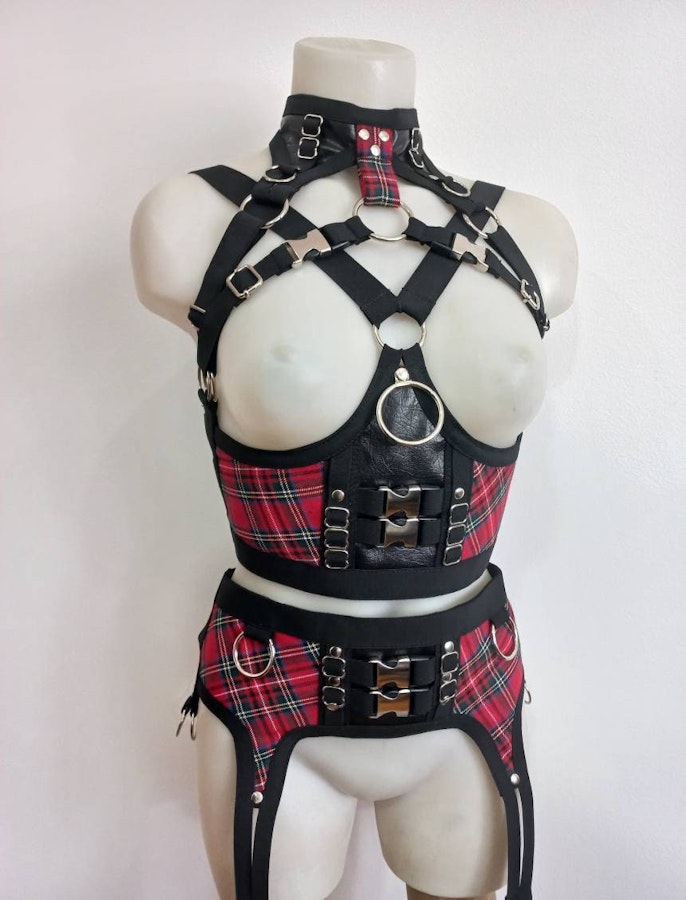 tartan two piece set red plaid under bust harness and garter belt elastic harness set punk rock fashion piece Image # 175272