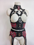 tartan two piece set red plaid under bust harness and garter belt elastic harness set punk rock fashion piece Thumbnail # 175272