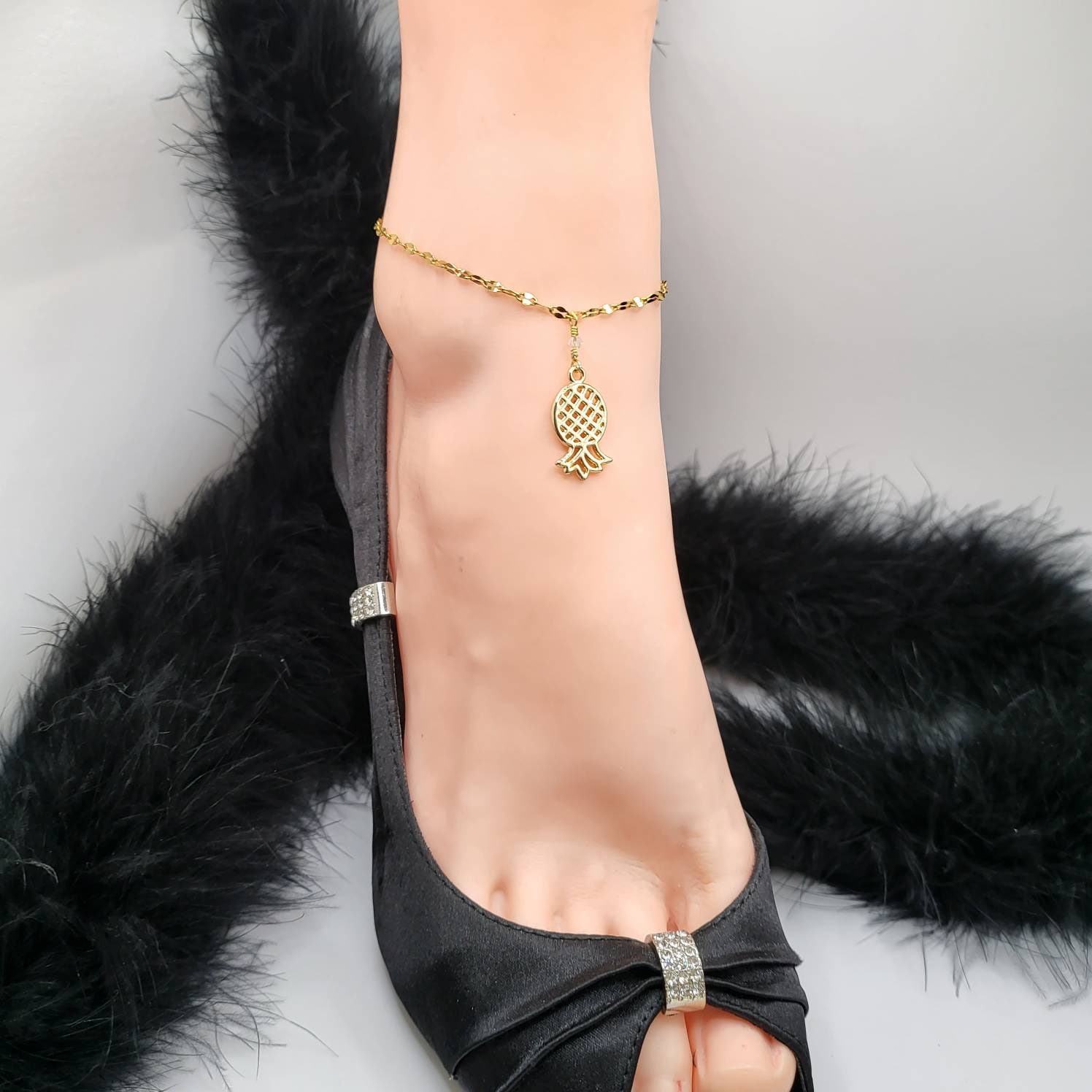 Upside-Down Pineapple Gold Plated Sequin Stainless Steel Chain Swingers Anklet, HotWife Anklet photo