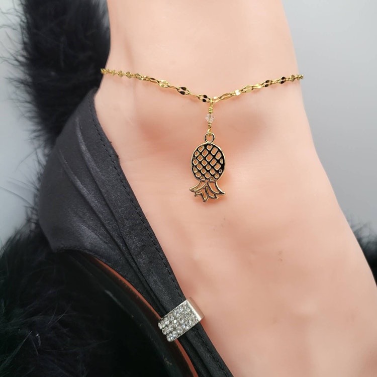Upside-Down Pineapple Gold Plated Sequin Stainless Steel Chain Swingers Anklet, HotWife Anklet photo