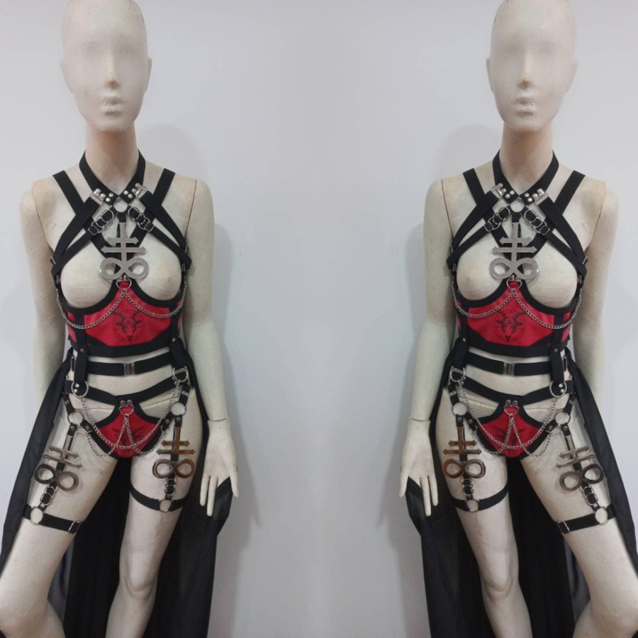baphomet print set ( leviathan symbols) elastic harness full body set satanic outfit festivals wear