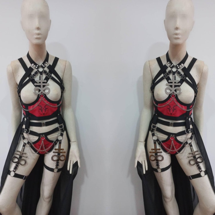 baphomet print set ( leviathan symbols) elastic harness full body set satanic outfit festivals wear photo