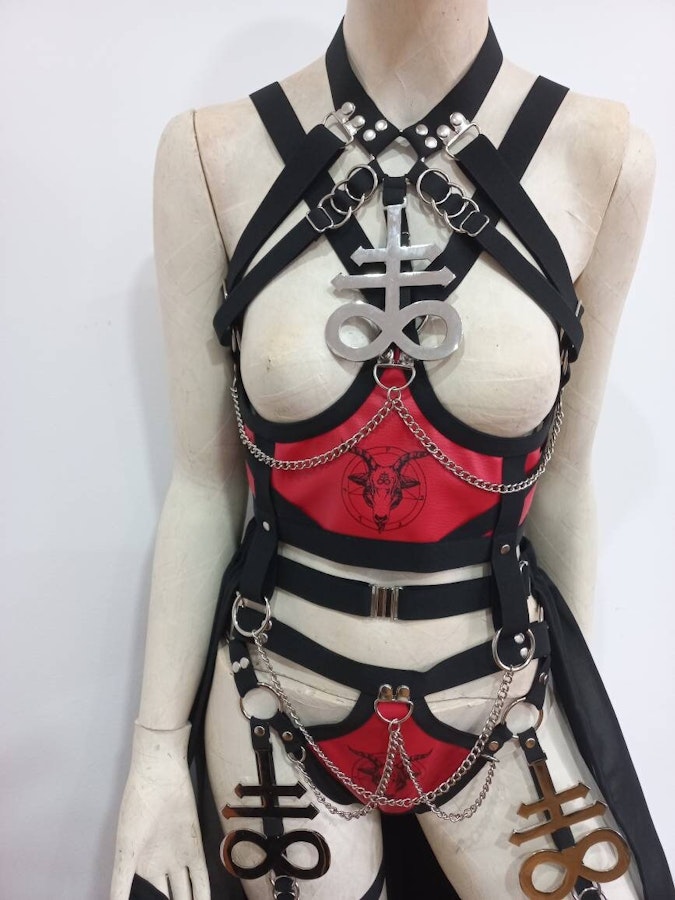 baphomet print set ( leviathan symbols) elastic harness full body set satanic outfit festivals wear Image # 175491