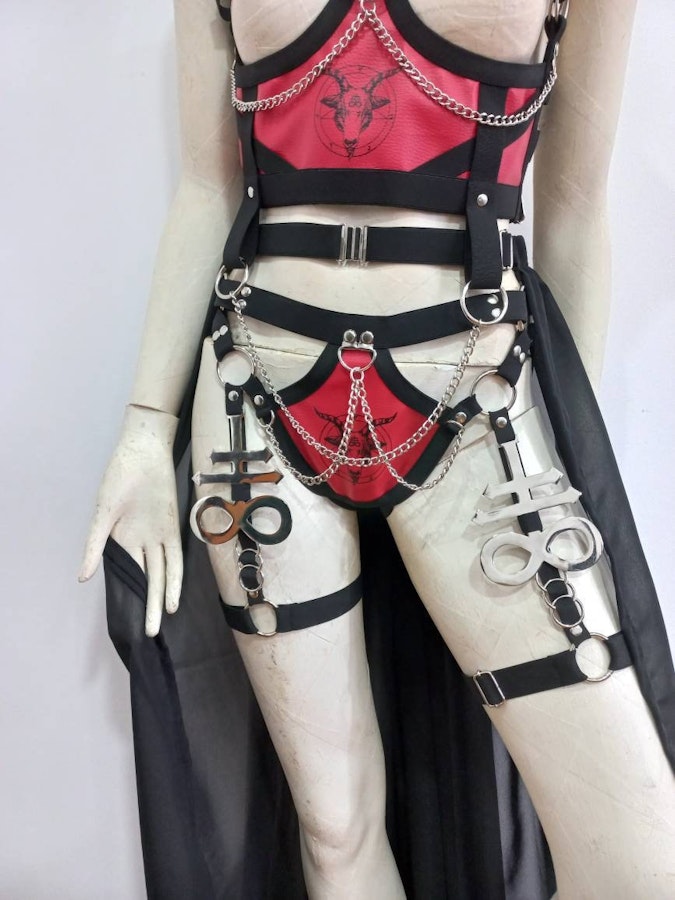 baphomet print set ( leviathan symbols) elastic harness full body set satanic outfit festivals wear Image # 175490