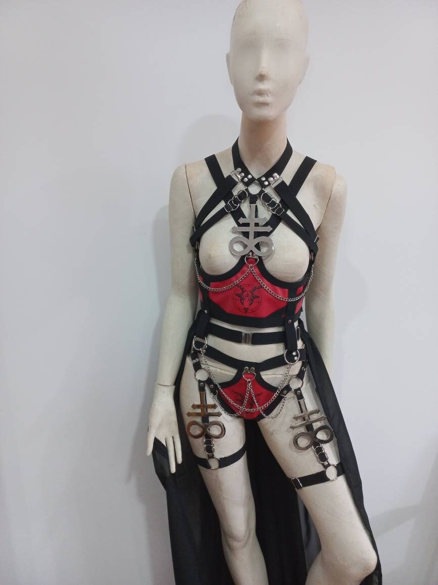 baphomet print set ( leviathan symbols) elastic harness full body set satanic outfit festivals wear photo