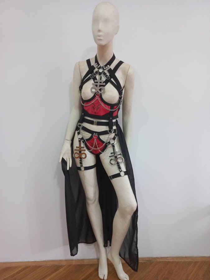 baphomet print set ( leviathan symbols) elastic harness full body set satanic outfit festivals wear Image # 175488