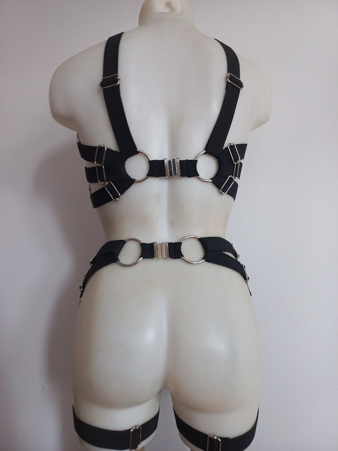 fetish harness metal rings bra ringed bottoms elastic harness set chest and garter belt Image # 175324