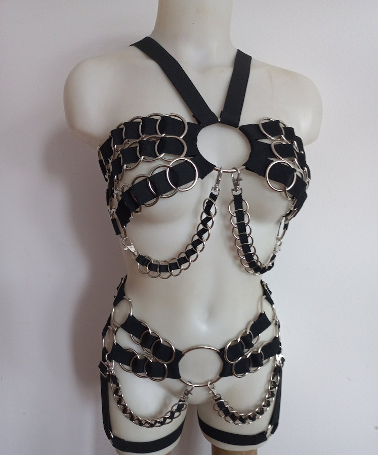 fetish harness metal rings bra ringed bottoms elastic harness set chest and garter belt Image # 175323