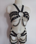 fetish harness metal rings bra ringed bottoms elastic harness set chest and garter belt Thumbnail # 175323