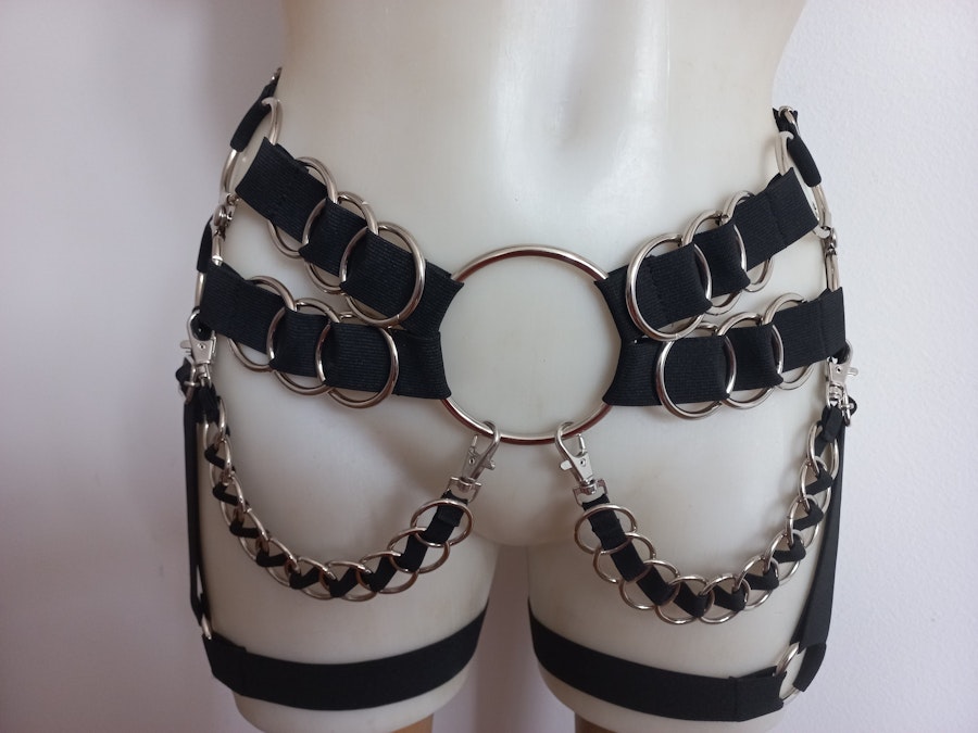 fetish harness metal rings bra ringed bottoms elastic harness set chest and garter belt Image # 175325