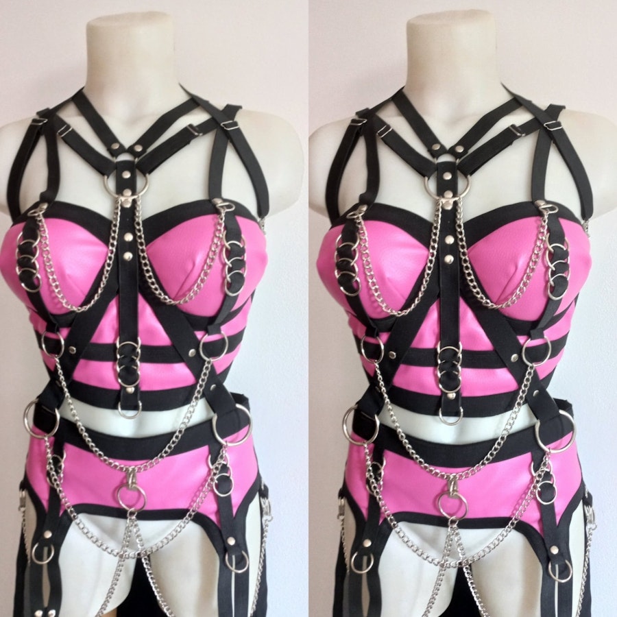 faux leather two piece set ( multicolor) gothic wear fetish outfit leather corset