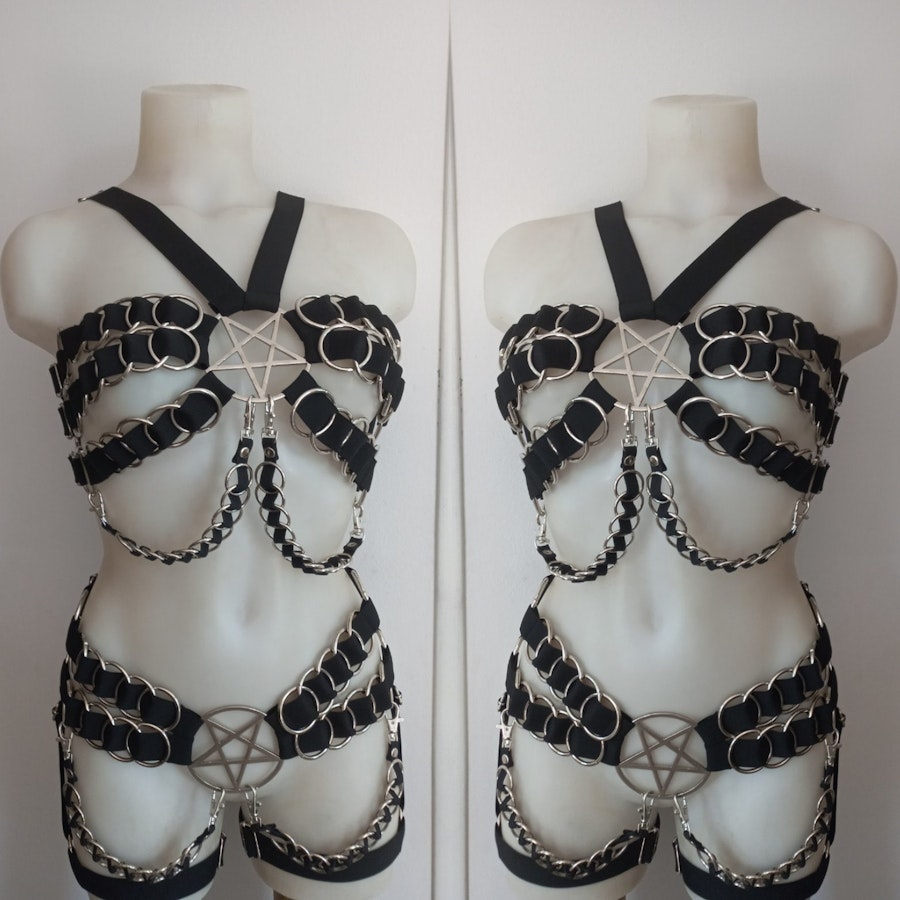 fetish harness metal rings bra ringed bottoms elastic harness set chest and garter belt Image # 175327