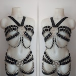 fetish harness metal rings bra ringed bottoms elastic harness set chest and garter belt Thumbnail # 175327