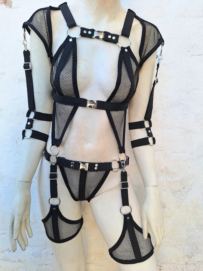 mesh rave outfit black mesh gothic festival wear elastic harness lingerie set