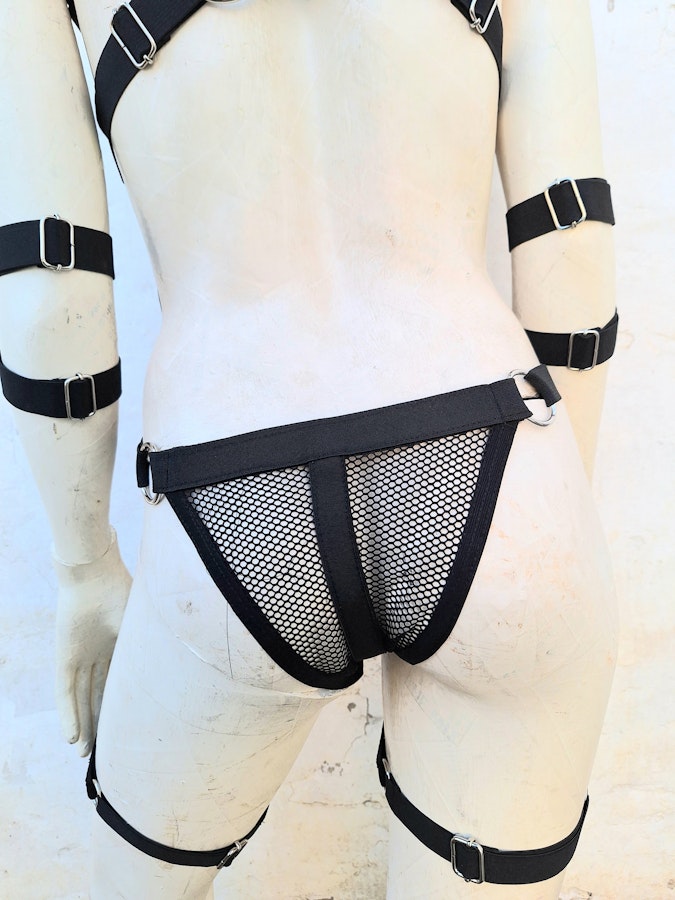 mesh rave outfit black mesh gothic festival wear elastic harness lingerie set Image # 175558