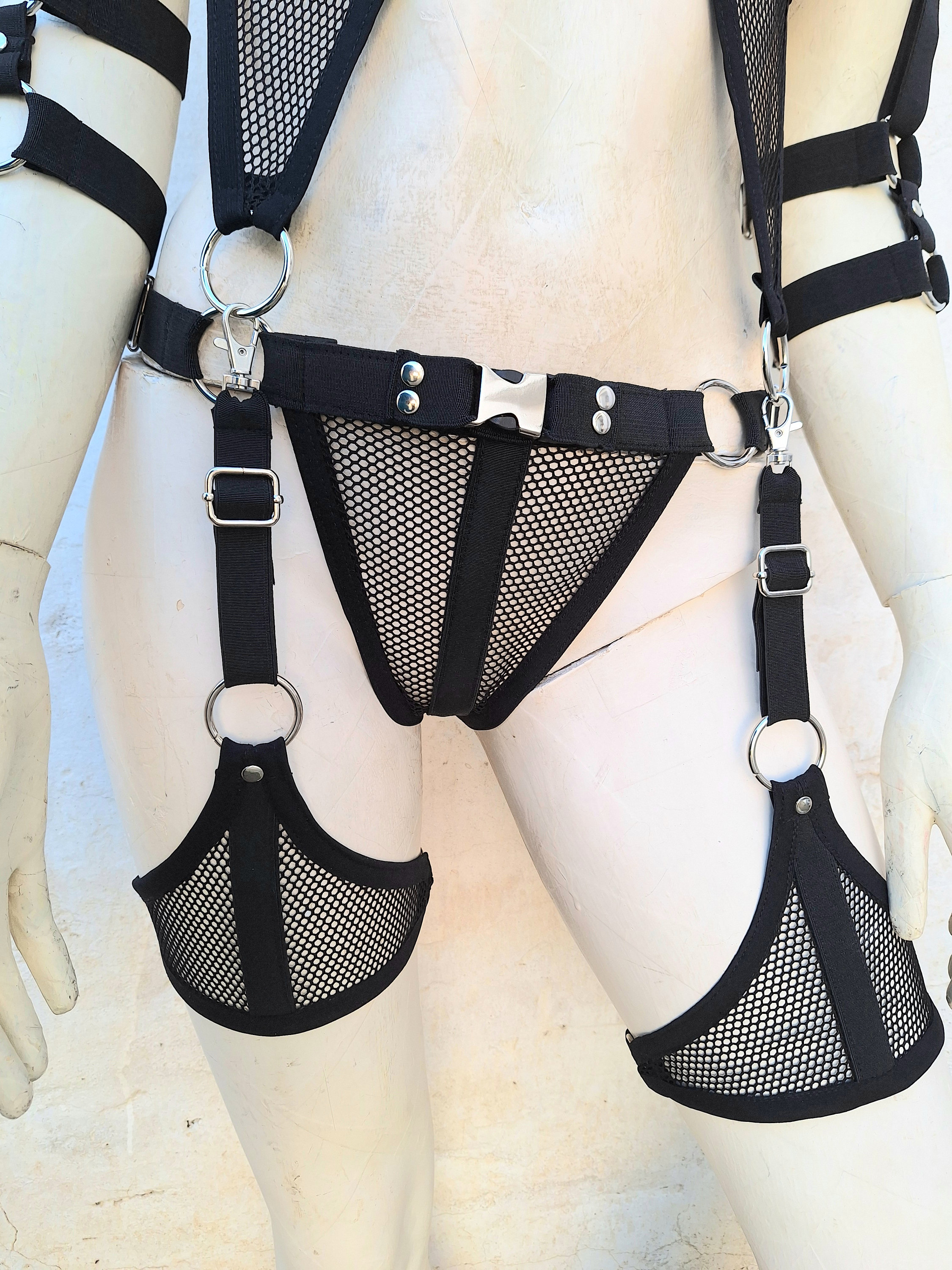 mesh rave outfit black mesh gothic festival wear elastic harness lingerie set photo