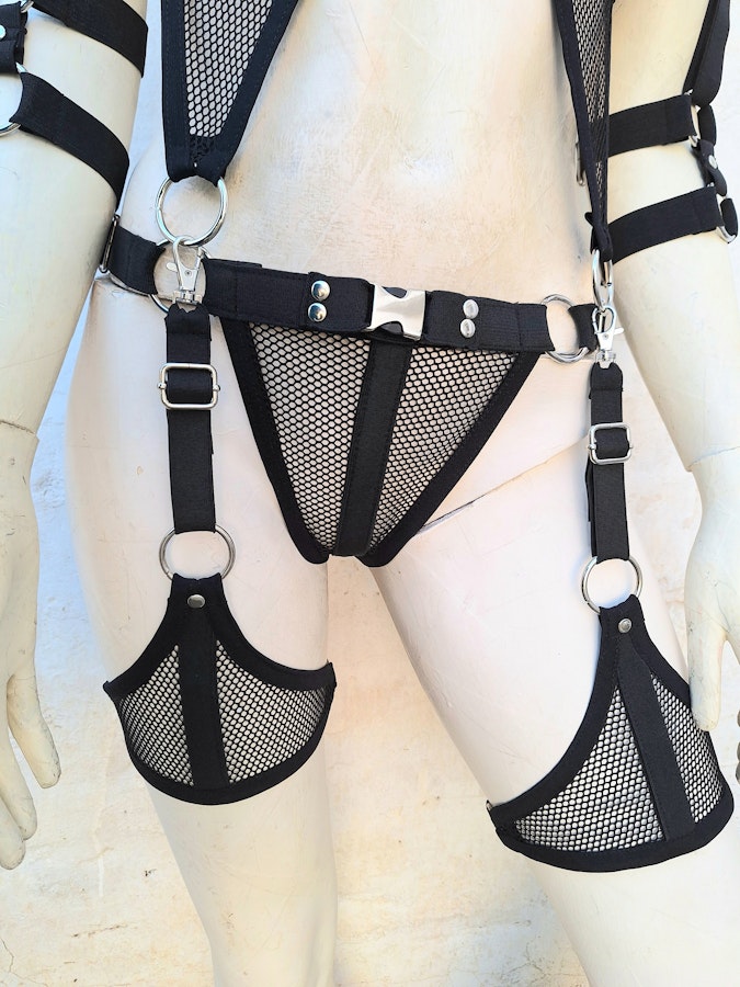 mesh rave outfit black mesh gothic festival wear elastic harness lingerie set Image # 175556