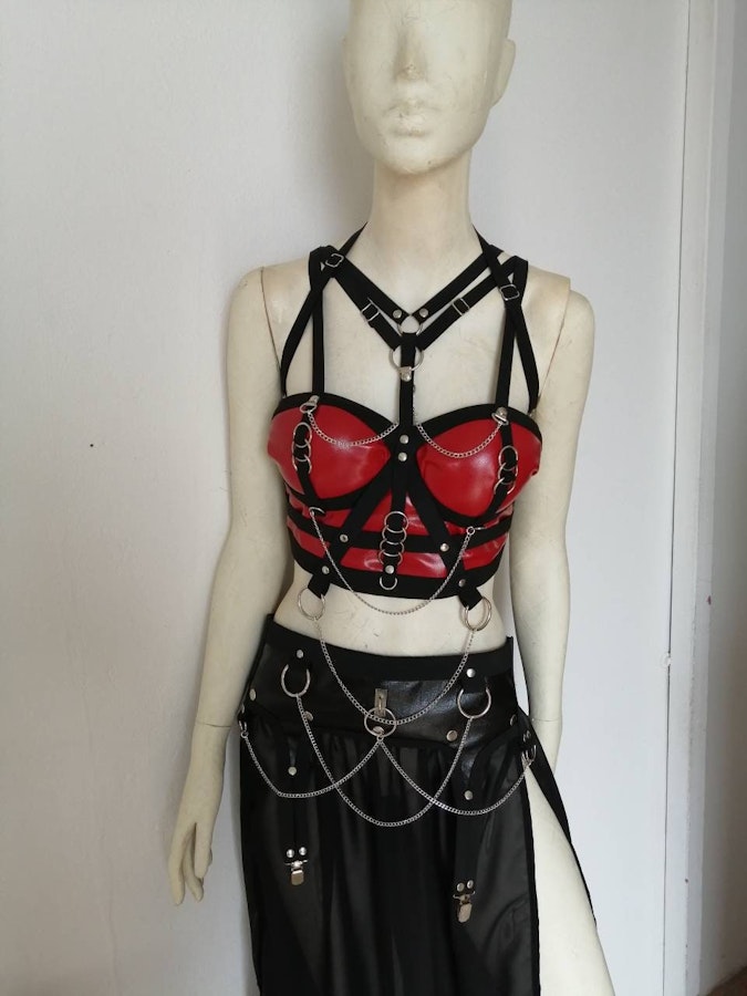 Red faux leather top and chain harness cropped corset elastic harness set maxi skirt gothic witchy style biker chick Image # 176054