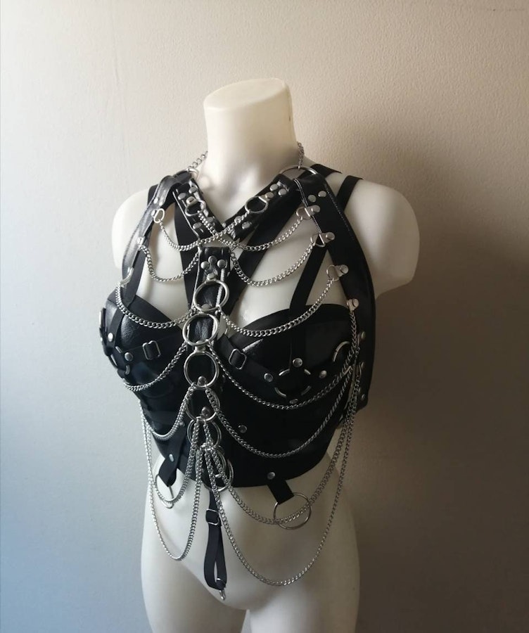 Nora set massive chain chest harness faux leather corset top crop top gothic biker style bra festival wear Image # 176466