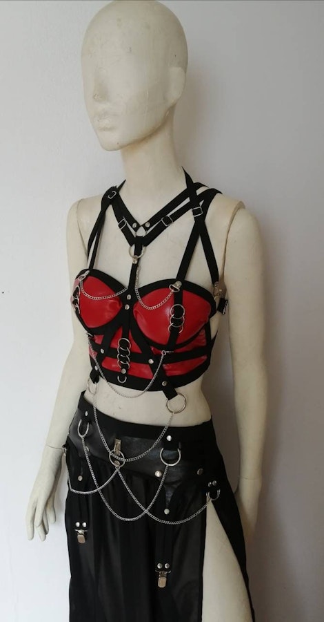 Red faux leather top and chain harness cropped corset elastic harness set maxi skirt gothic witchy style biker chick Image # 176052