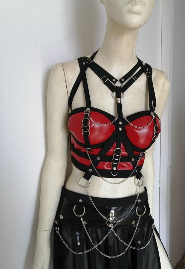 Red faux leather top and chain harness cropped corset elastic harness set maxi skirt gothic witchy style biker chick Image # 176053
