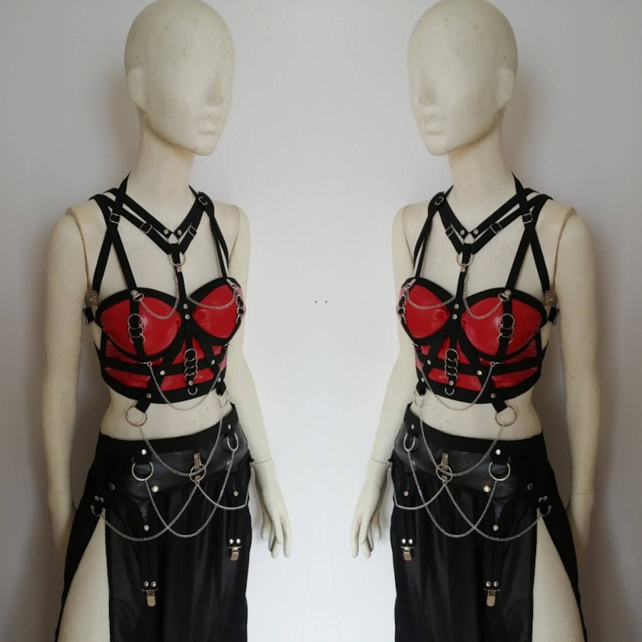 Red faux leather top and chain harness cropped corset elastic harness set maxi skirt gothic witchy style biker chick