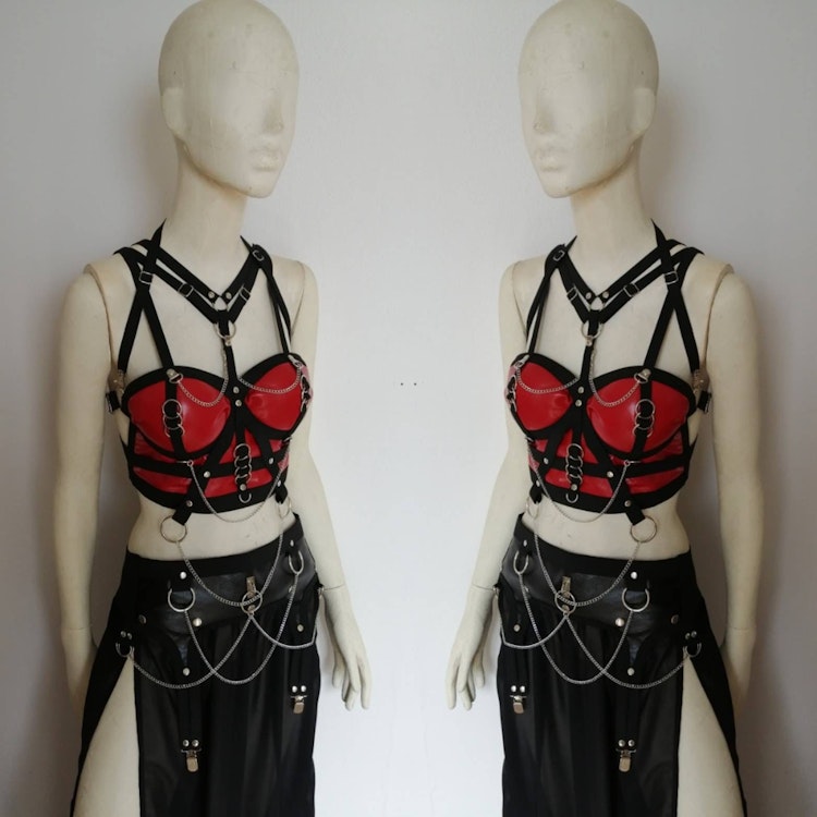 Red faux leather top and chain harness cropped corset elastic harness set maxi skirt gothic witchy style biker chick photo