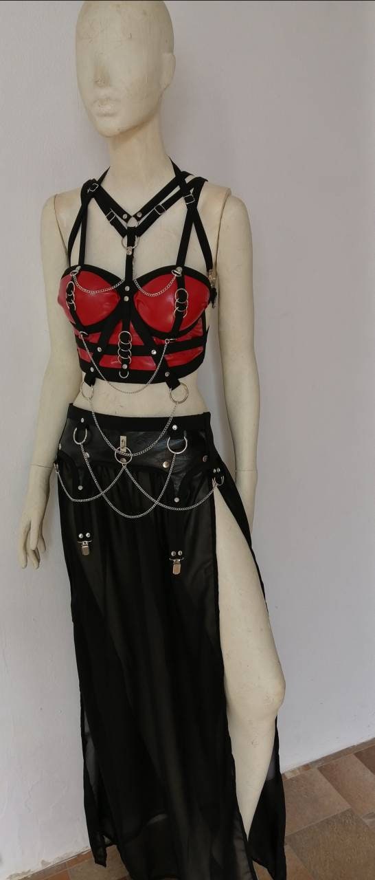 Red faux leather top and chain harness cropped corset elastic harness set maxi skirt gothic witchy style biker chick photo