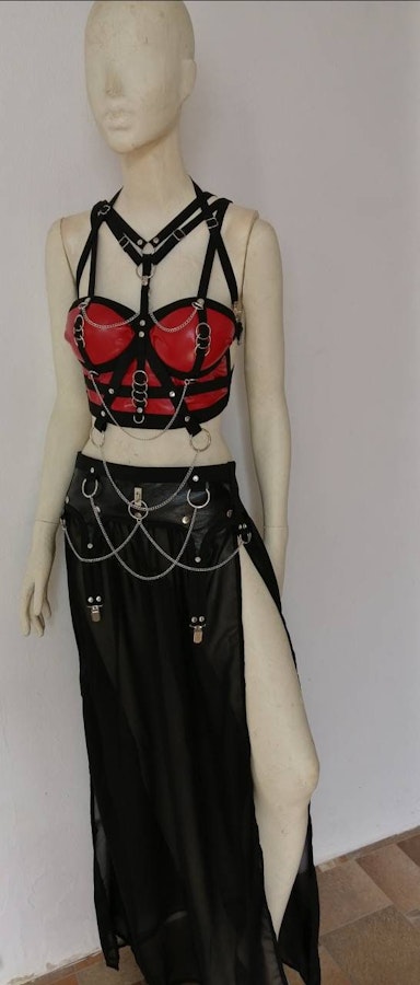Red faux leather top and chain harness cropped corset elastic harness set maxi skirt gothic witchy style biker chick Image # 176051