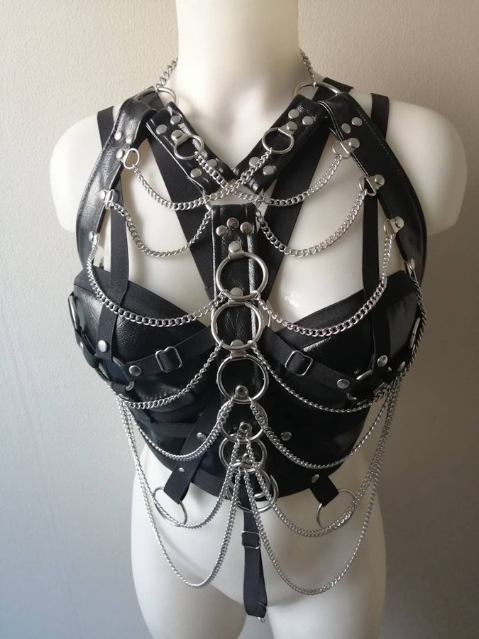 Nora set massive chain chest harness faux leather corset top crop top gothic biker style bra festival wear Image # 176468