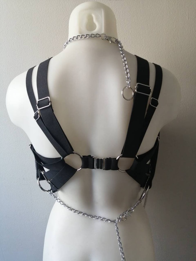 Nora set massive chain chest harness faux leather corset top crop top gothic biker style bra festival wear Image # 176470