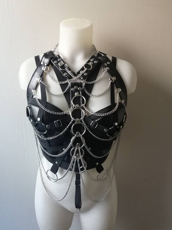 Nora set massive chain chest harness faux leather corset top crop top gothic biker style bra festival wear photo