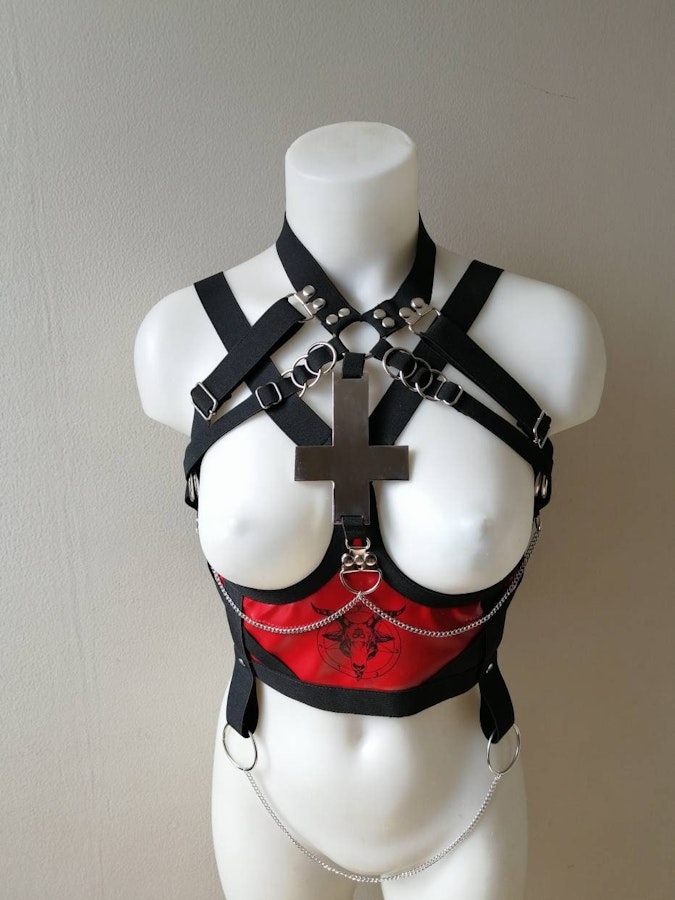 Baphomet print set full body elastic harness set inverted cross satanic clothing black metal gear festival outfit Image # 176686