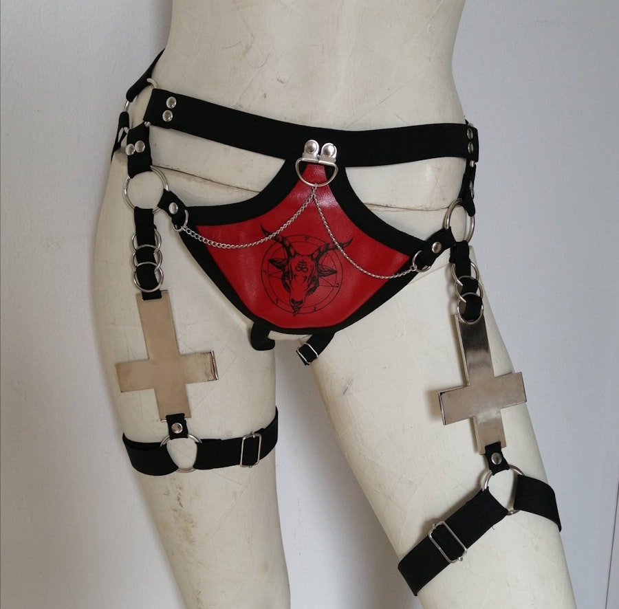 Baphomet print set full body elastic harness set inverted cross satanic clothing black metal gear festival outfit Image # 176687
