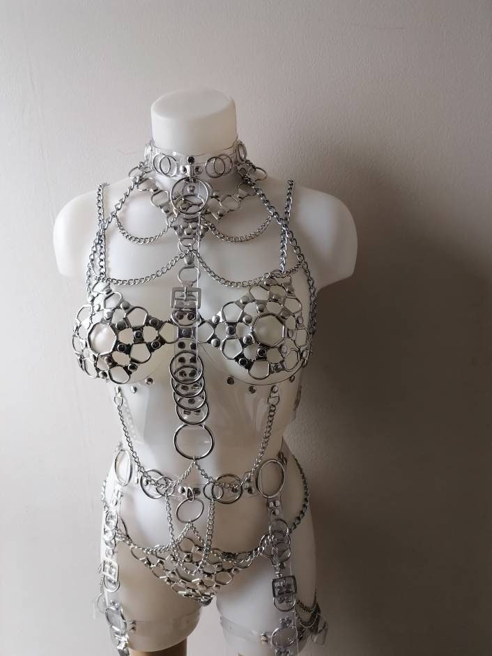 Sinnistra set transparent vynil belt harness full body clear vynil lingerie chain body set photo