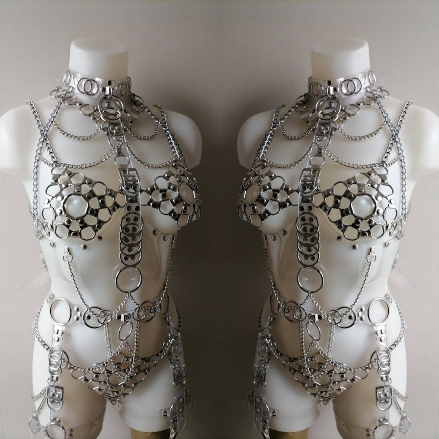 Sinnistra set transparent vynil belt harness full body clear vynil lingerie chain body set