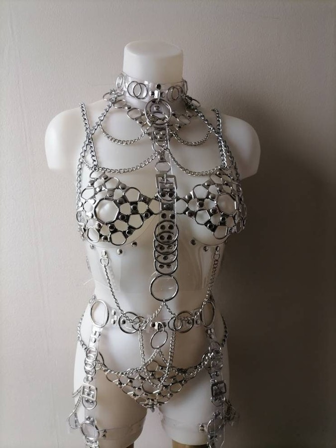Sinnistra set transparent vynil belt harness full body clear vynil lingerie chain body set Image # 176563