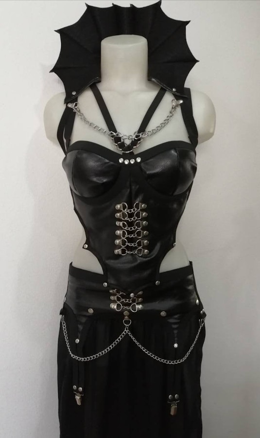 Vampiria  harness outfit gothic bat witchy  clothing faux leather corset top black chiffon skirt stage outfit Image # 175588