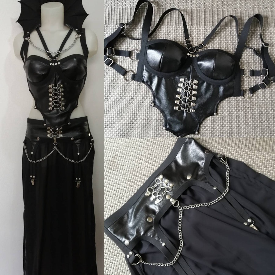 Vampiria  harness outfit gothic bat witchy  clothing faux leather corset top black chiffon skirt stage outfit