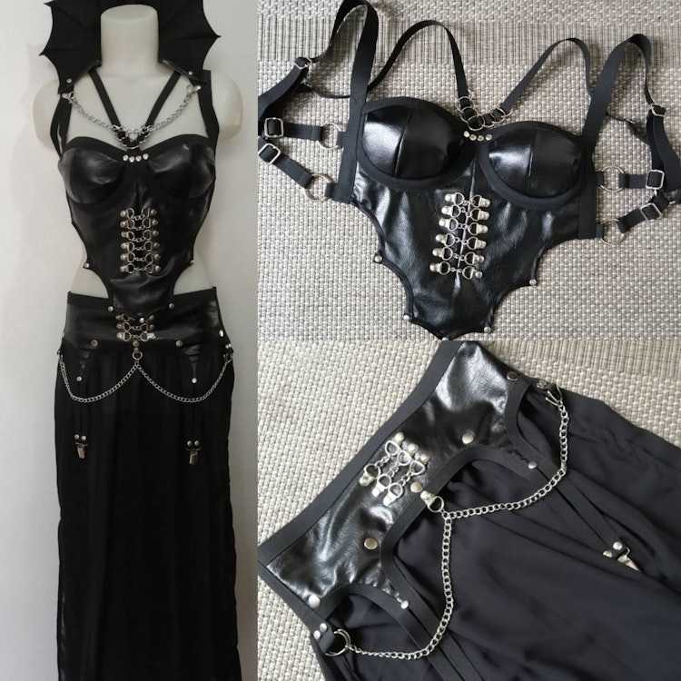 Vampiria  harness outfit gothic bat witchy  clothing faux leather corset top black chiffon skirt stage outfit photo