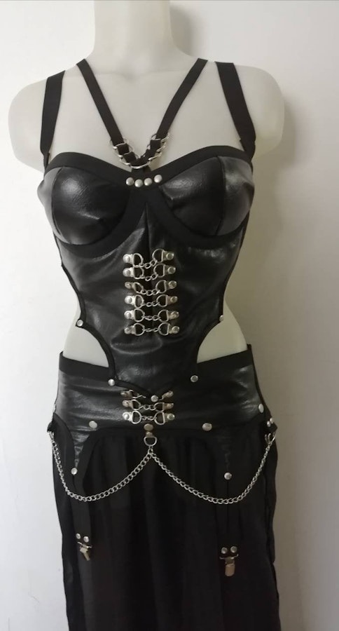 Vampiria  harness outfit gothic bat witchy  clothing faux leather corset top black chiffon skirt stage outfit Image # 175589
