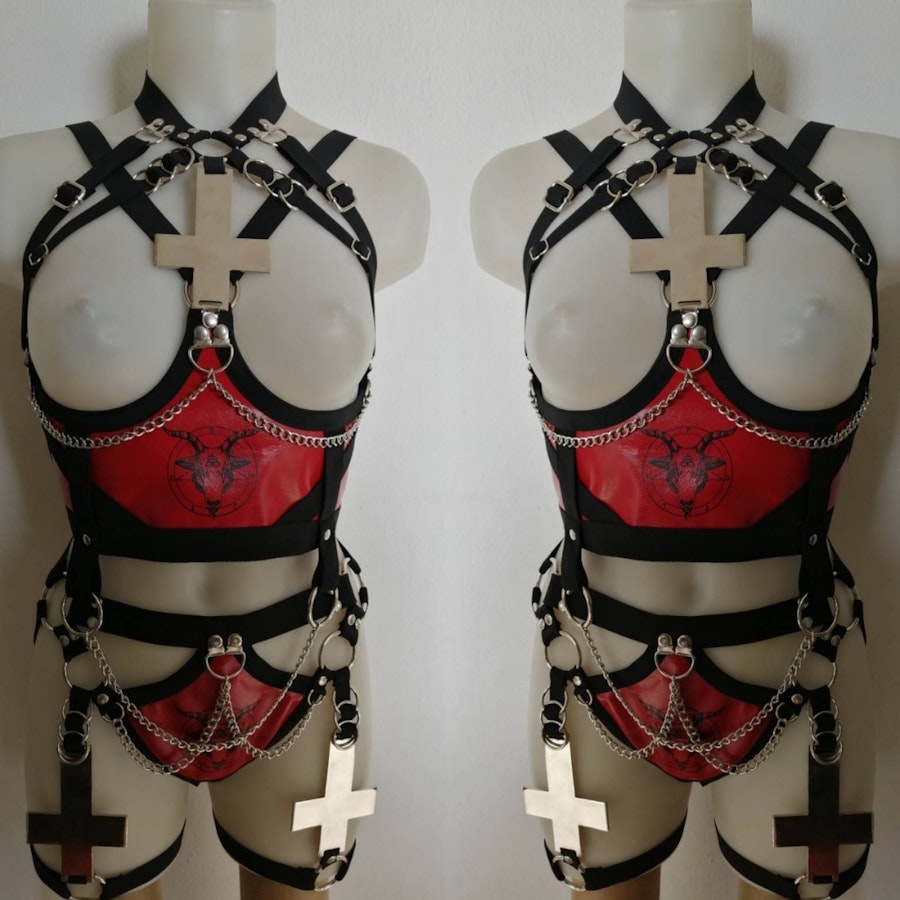 Baphomet print set full body elastic harness set inverted cross satanic clothing black metal gear festival outfit Image # 176685