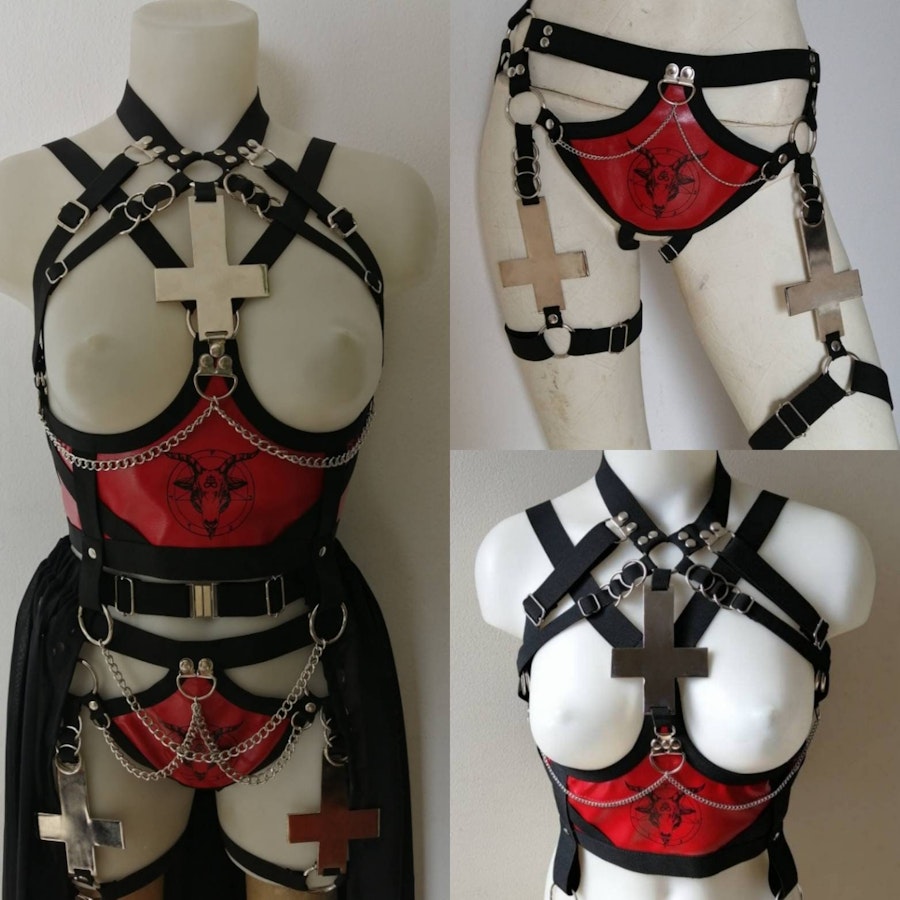 Baphomet print set full body elastic harness set inverted cross satanic clothing black metal gear festival outfit Image # 176683