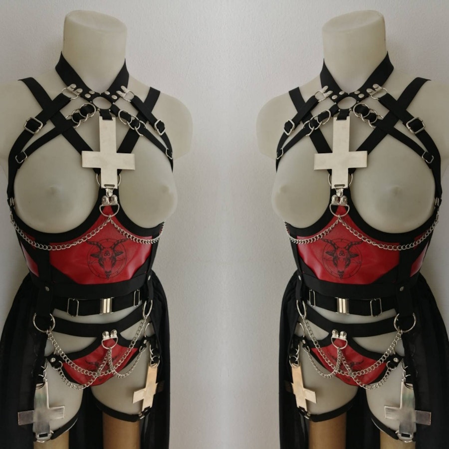 Baphomet print set full body elastic harness set inverted cross satanic clothing black metal gear festival outfit Image # 176684