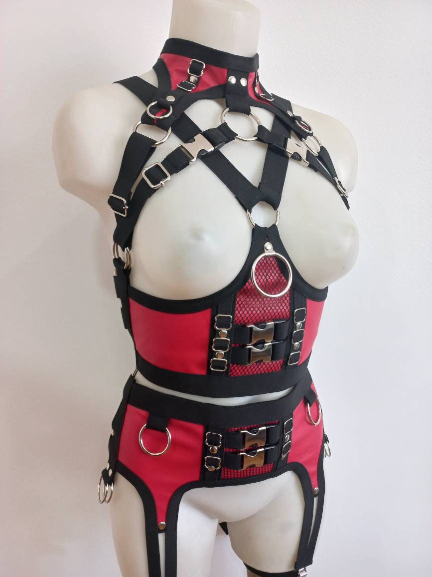Faux leather gothic lingerie harness multicolor leather underbust corset and garter belt photo