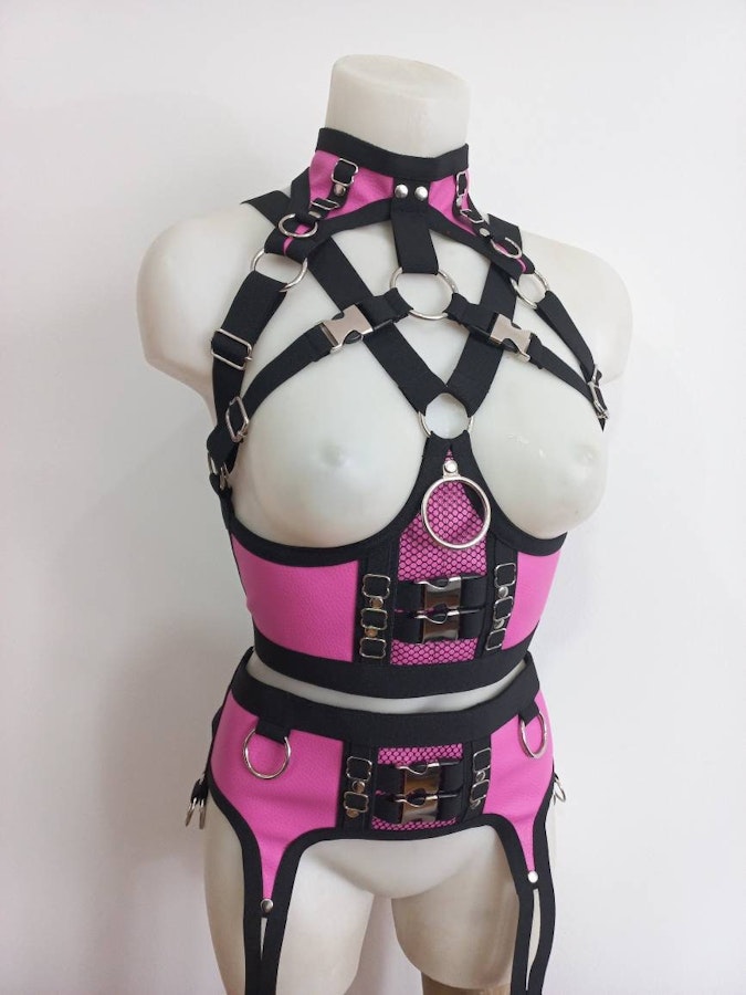 Faux leather gothic lingerie harness multicolor leather underbust corset and garter belt Image # 176279