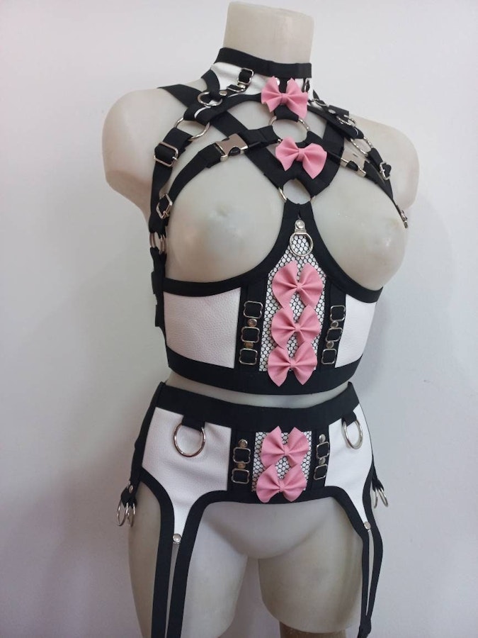kawaii harness-two piece set lolita pastel goth  faux leather lingerie elastic harness set Image # 176272