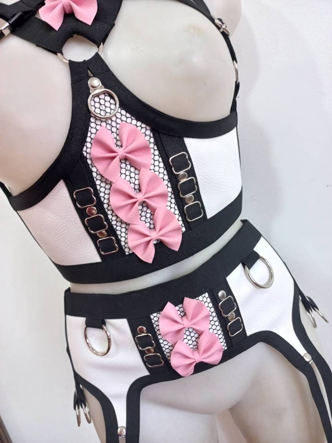 kawaii harness-two piece set lolita pastel goth  faux leather lingerie elastic harness set